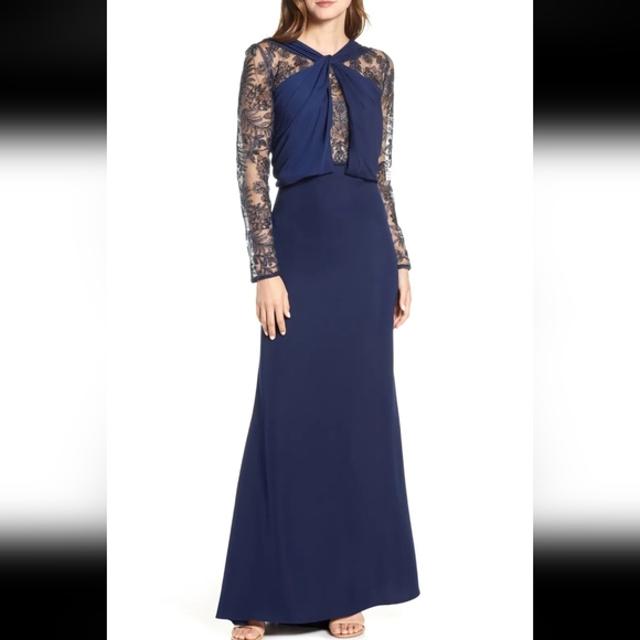 Tadashi Shoji Dresses & Skirts - TADASHI SHOJI TWIST TOP EMBROIDERED MESH CREPE LONG DRESS DARK BLUE
